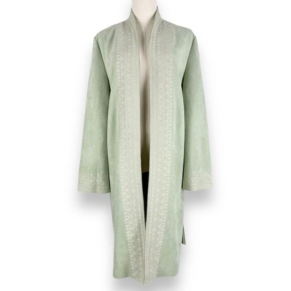 Solitare Womens Embroidered Faux Suede Longline Jacket Medium Mint Green - Picture 1 of 12